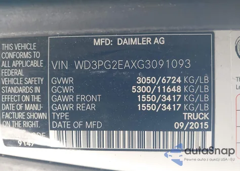 2016 Mercedes-Benz Metris z USA, uszkodzony, nr VIN WD3PG2EAXG3091093